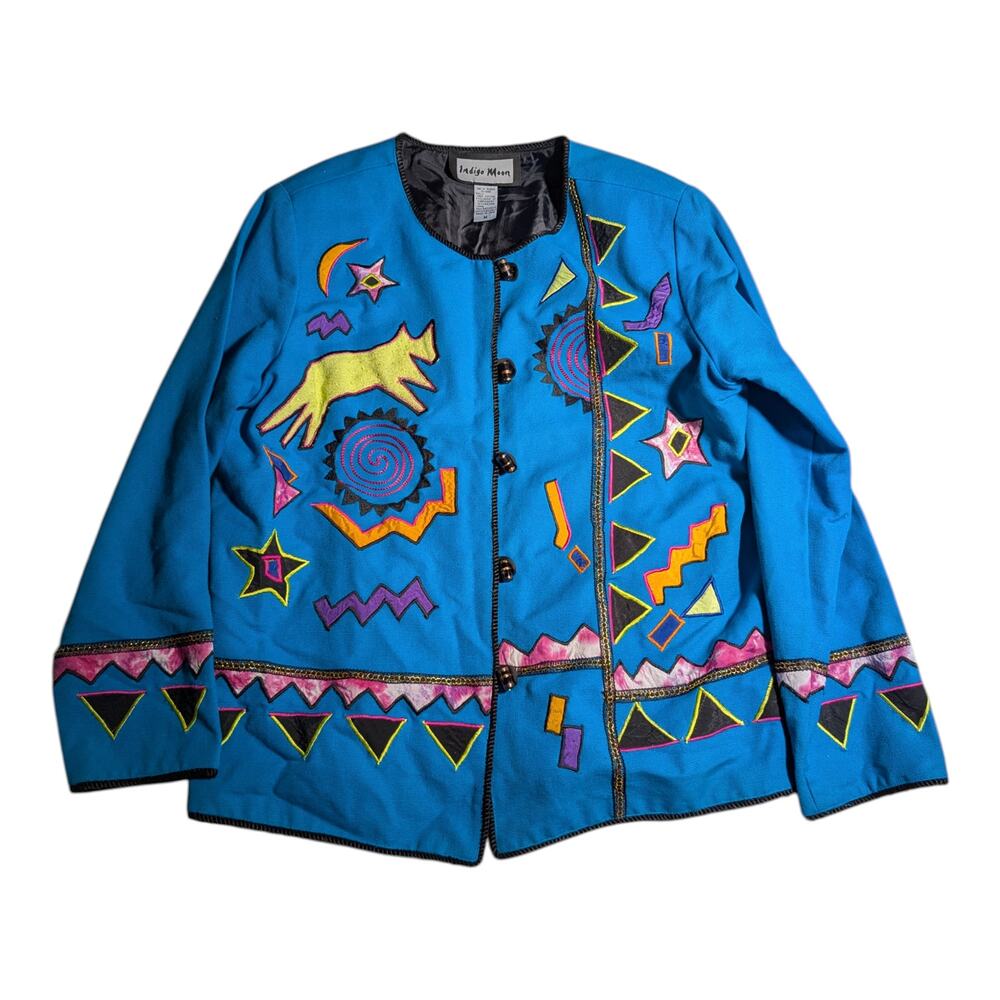 Vtg Y2K Indigo Moon Blue Cotton Primitive Tribal Animal Applique Jacket Sz M